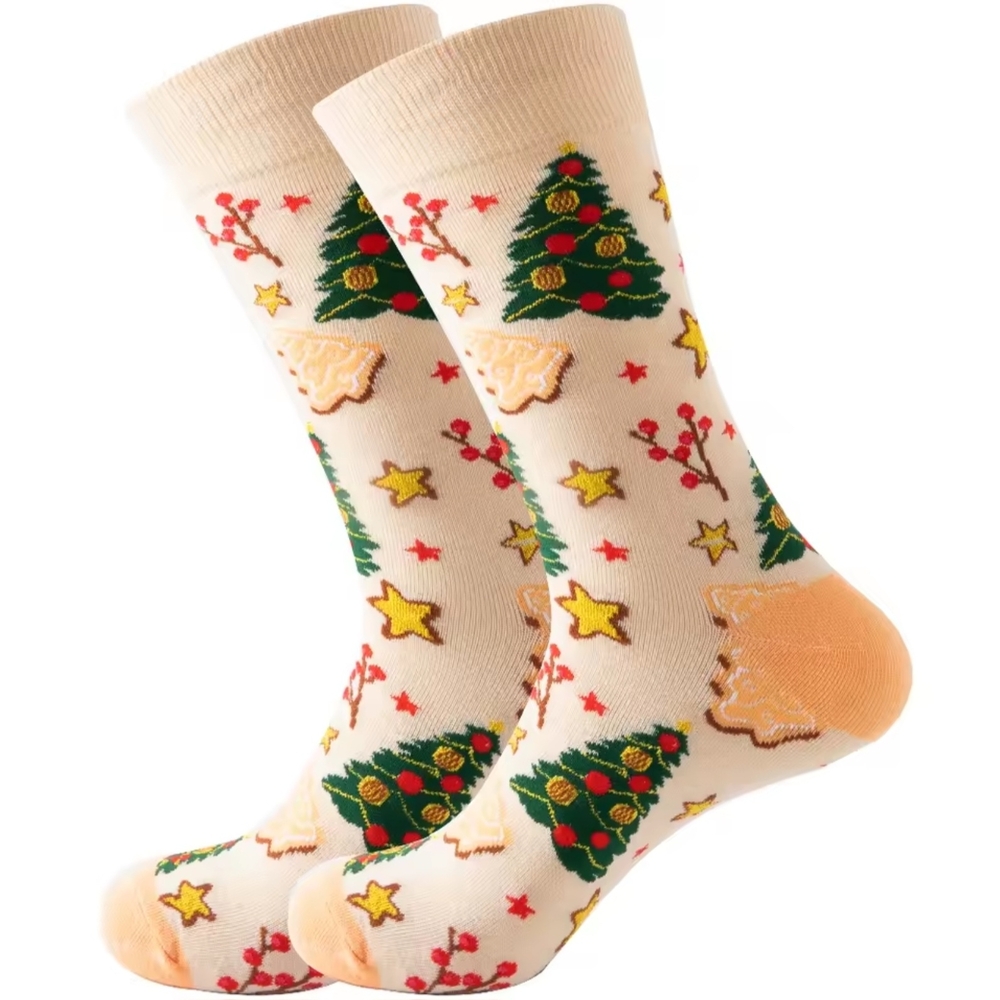 *Christmas Womens Holiday Breathable Crew Gift Socks Shiny Christmas Trees Beige